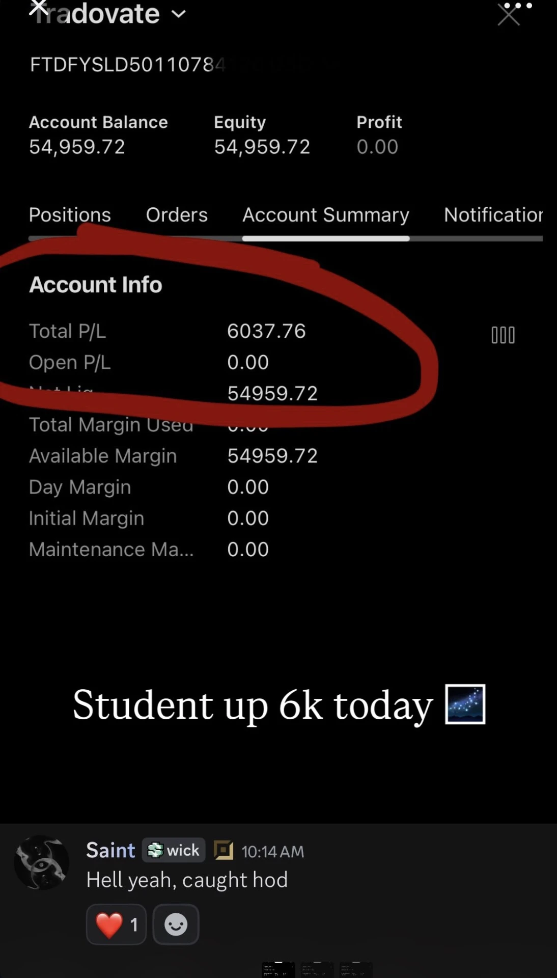 Student up 6k today — Tradovate account summary showing $6,037.76 total P/L